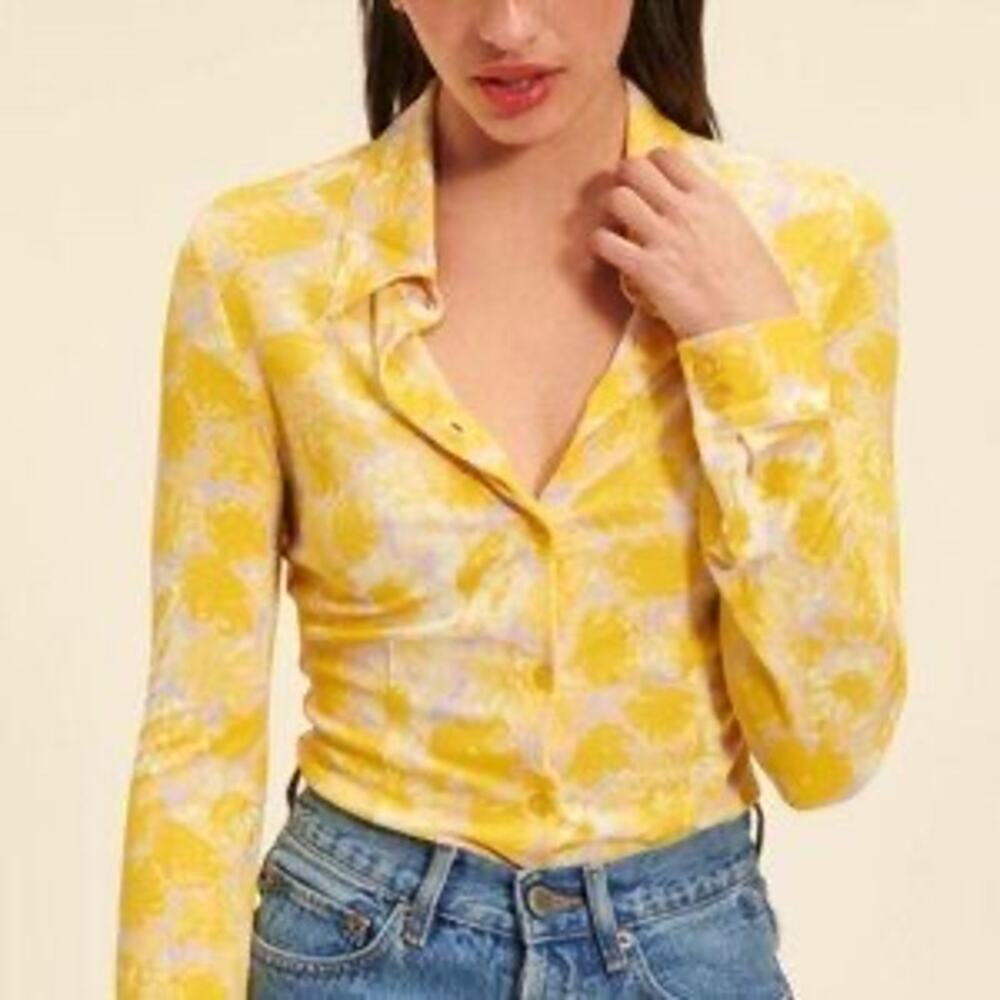 Rouje Paris Palmyra Top Pivoine Aquarelle Yellow Floral Button Down NWT 34